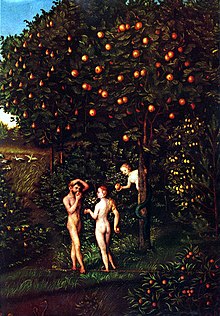 La caiguda de l'home, de Lucas Cranach el Vell, amb l'arbre del coneixement a la dreta.