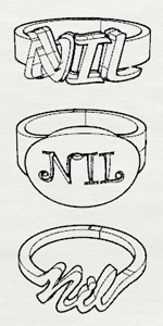 Tres bocetos para un anillo con el nombre de Nil